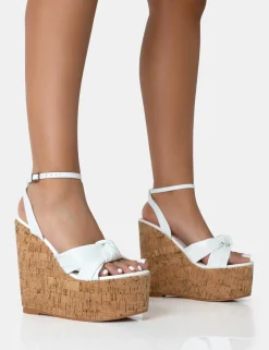 Public Desire Sandy Pu Knot Strap Round Toe Cork Wedge Heels White Clearance