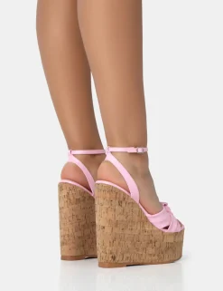 Public Desire Sandy Pu Knot Strap Round Toe Cork Wedge Heels Pink Online