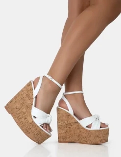 Public Desire Sandy Pu Knot Strap Round Toe Cork Wedge Heels White Clearance