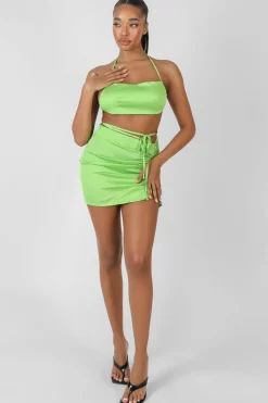 Public Desire Satin Ruched Detail Mini Skirt Green Flash Sale