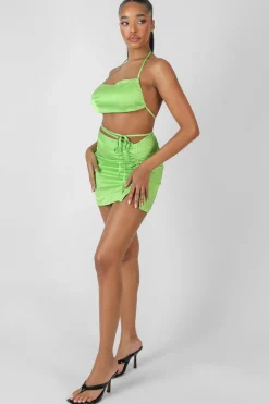 Public Desire Satin Ruched Detail Mini Skirt Green Flash Sale