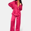 Public Desire Satin Wide Leg Tailored Trousers Pink Cheap