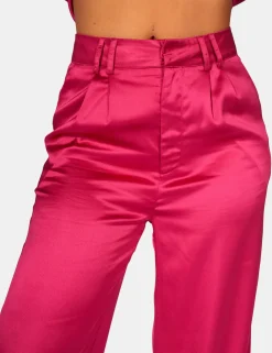 Public Desire Satin Wide Leg Tailored Trousers Pink Cheap