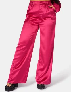 Public Desire Satin Wide Leg Tailored Trousers Pink Cheap