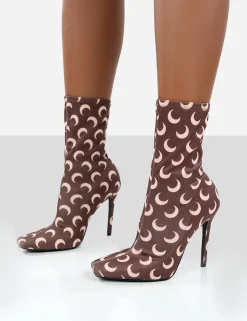 Public Desire Saturn Return Pointed Toe Stiletto Printed Sock Boots Brown Store