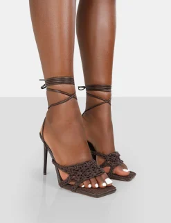 Public Desire Seabreeze Rope Woven Lace Up Square Toe Heels Chocolate Online