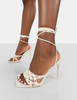 Public Desire Seabreeze Rope Woven Lace Up Square Toe Heels Ecru Best Sale