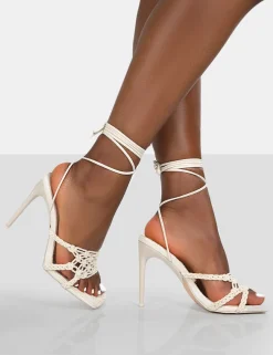 Public Desire Seabreeze Rope Woven Lace Up Square Toe Heels Ecru Best Sale