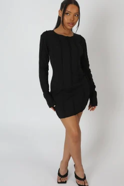 Public Desire Seam Detail Long Sleeve Mini Dress Black New