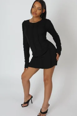 Public Desire Seam Detail Long Sleeve Mini Dress Black New