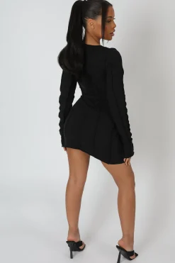 Public Desire Seam Detail Long Sleeve Mini Dress Black New