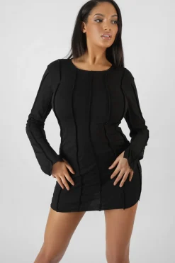 Public Desire Seam Detail Long Sleeve Mini Dress Black New
