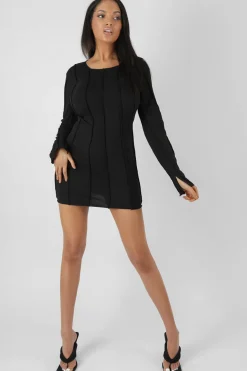 Public Desire Seam Detail Long Sleeve Mini Dress Black New