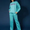 Public Desire Seam Front Straight Leg Embroidered Joggers Aqua New