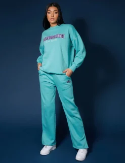 Public Desire Seam Front Straight Leg Embroidered Joggers Aqua New