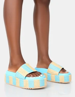Public Desire Seashore Stripe Raffia Slider Flatform Sandals Blue Best Sale
