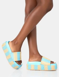 Public Desire Seashore Stripe Raffia Slider Flatform Sandals Blue Best Sale