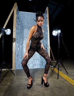 Public Desire Second Skin Lace High Neck Jumpsuit Black Sale