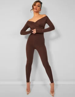 Public Desire Second Skin Off Shoulder Ruched Unitard Jumpsuit Brown Online