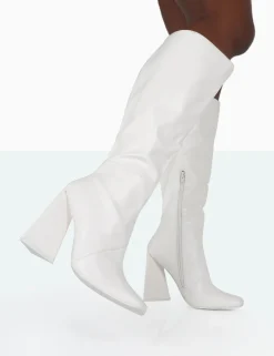Public Desire Senna Wide Fit Pu Knee High Heeled Boots Ecru Shop