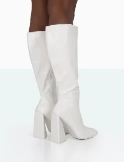Public Desire Senna Wide Fit Pu Knee High Heeled Boots Ecru Shop