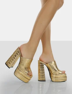 Public Desire Sky High Croc Chunky Platform High Heeled Mules Gold New