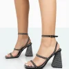 Public Desire Skye Black Faux Suede Sparkly Diamante Open Toe Block High Heels New