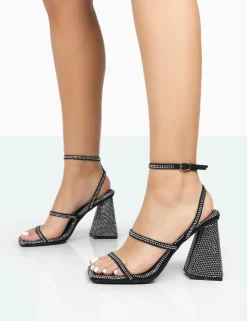 Public Desire Skye Black Faux Suede Sparkly Diamante Open Toe Block High Heels New