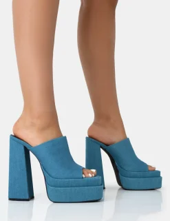Public Desire Skyhigh Denim Chunky Platform High Heeled Mules Blue Cheap