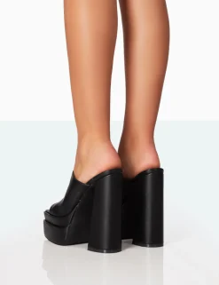 Public Desire Skyhigh Grain Pu Chunky Platform High Heeled Mules Black New