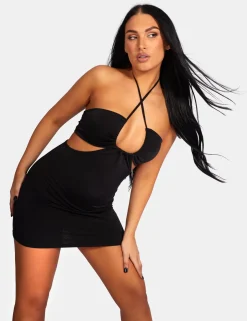 Public Desire Slinky Loop Ruching Sleeveless Mini Dress Black Best Sale