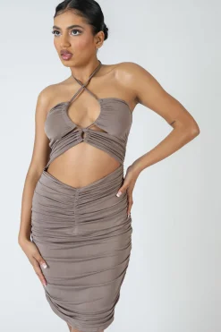 Public Desire Slinky Loop Ruching Tie Midi Dress Mink Grey Hot