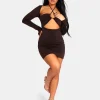 Public Desire Slinky Ruch Bust Cut Out Long Sleeved Dress Chocolate Cheap