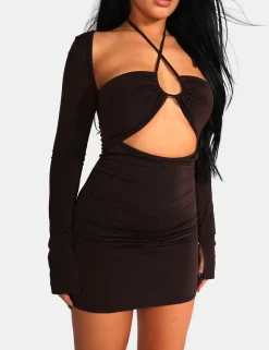 Public Desire Slinky Ruch Bust Cut Out Long Sleeved Dress Chocolate Cheap