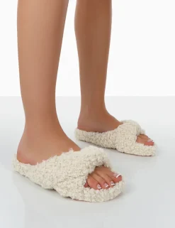 Public Desire Slumber Teddy Cross Over Strap Slippers Beige Store