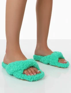 Public Desire Slumber Teddy Cross Over Strap Slippers Green Online