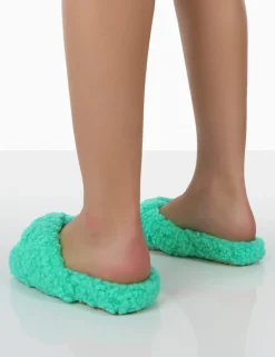 Public Desire Slumber Teddy Cross Over Strap Slippers Green Online
