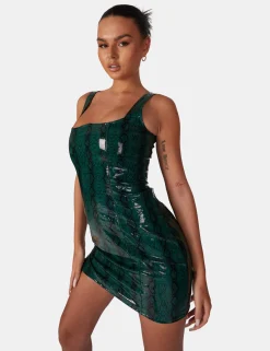 Public Desire Snake Pu Corset Mini Dress Green Hot