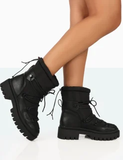 Public Desire Snowy Lace Up Chunky Sole Snow Ankle Boots Black Fashion