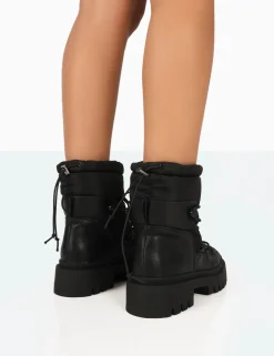 Public Desire Snowy Lace Up Chunky Sole Snow Ankle Boots Black Fashion