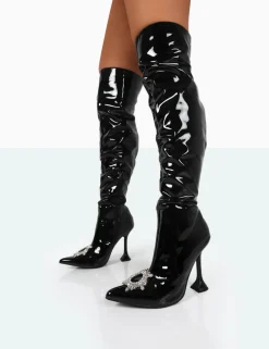 Public Desire Sonny Patent Sparkly Diamante Stud Pointed Toe Stiletto Heel Over The Knee Boots Black Clearance