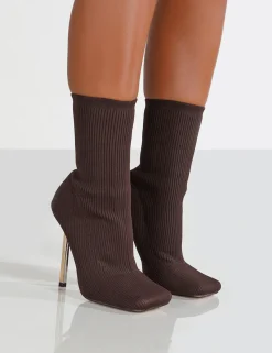 Public Desire Souffle Chocolate Knit Stiletto Heel Sock Ankle Boot Brown Sale