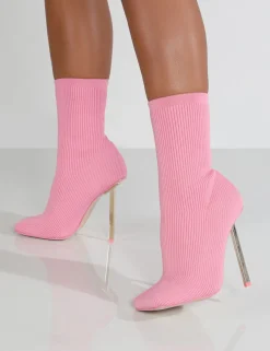 Public Desire Souffle Knit Stiletto Heel Sock Ankle Boot Pink Clearance