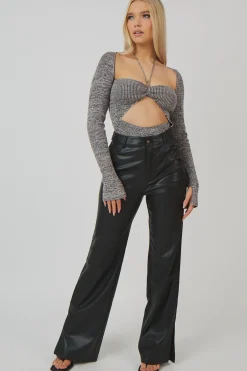 Public Desire Space Dye Cut Out Strappy Long Sleeve Bodysuit Brown Flash Sale