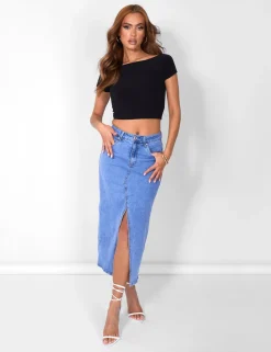 Public Desire Split Front Longline Denim Skirt Wash Blue Store