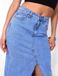 Public Desire Split Front Longline Denim Skirt Wash Blue Store
