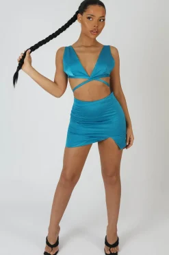 Public Desire Split Front Satin Skirt Blue Cheap