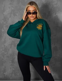 Public Desire Sports Club Embroidered Badge Oversized Rugby Sweatshirt Forest Green Outlet