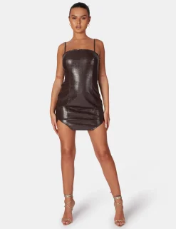 Public Desire Square Neck Croc Hem Cut Out Mini Dress Chocolate Best Sale