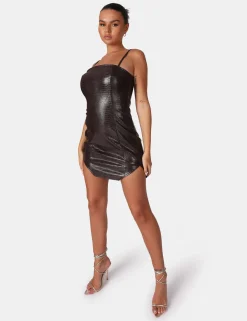 Public Desire Square Neck Croc Hem Cut Out Mini Dress Chocolate Best Sale